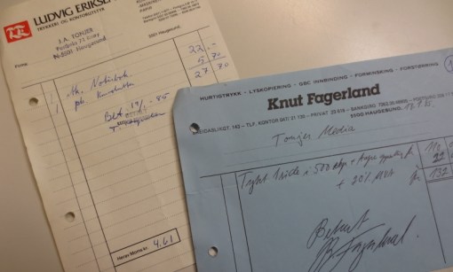 Regnskapsbilag nr 1 og 2 fra januar 1985. Brevark og konvolutter.