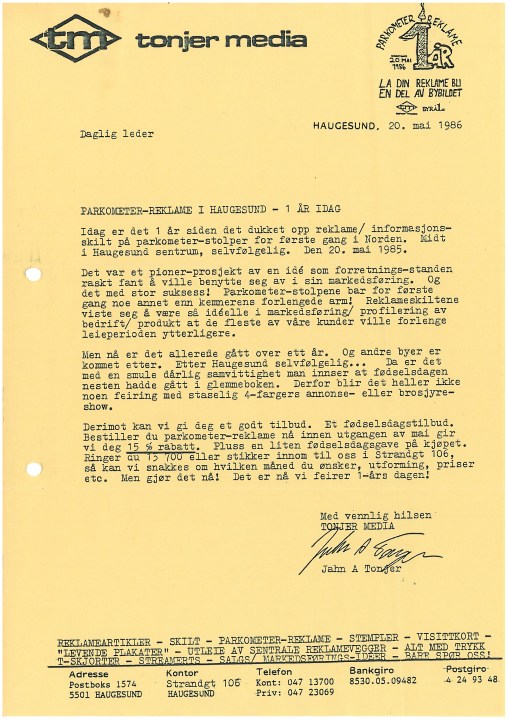 Kundebrev i anledning 1-års jubileum for parkometerreklame. Mai 1986.